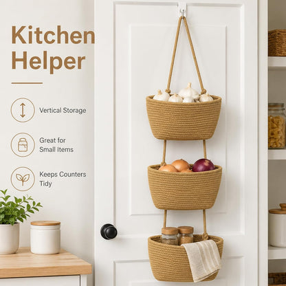Over the Door Hanging Basket, 3-Tier Woven Cotton Storage Organizer Bag