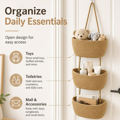 Over the Door Hanging Basket, 3-Tier Woven Cotton Storage Organizer Bag