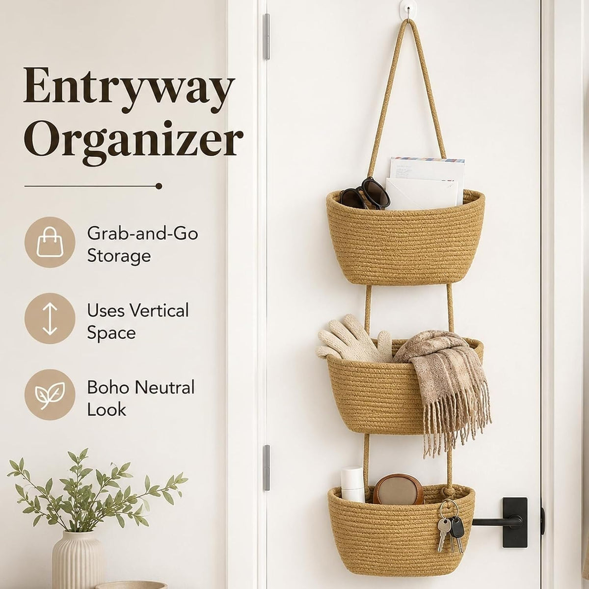 Over the Door Hanging Basket, 3-Tier Woven Cotton Storage Organizer Bag