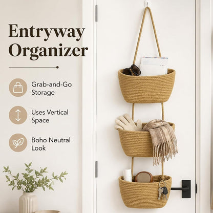 Over the Door Hanging Basket, 3-Tier Woven Cotton Storage Organizer Bag