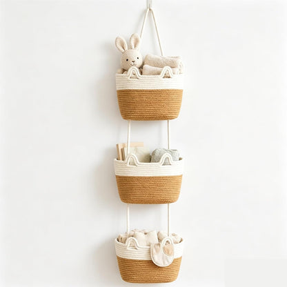 Over the Door Hanging Basket, 3-Tier Woven Cotton Storage Organizer Bag