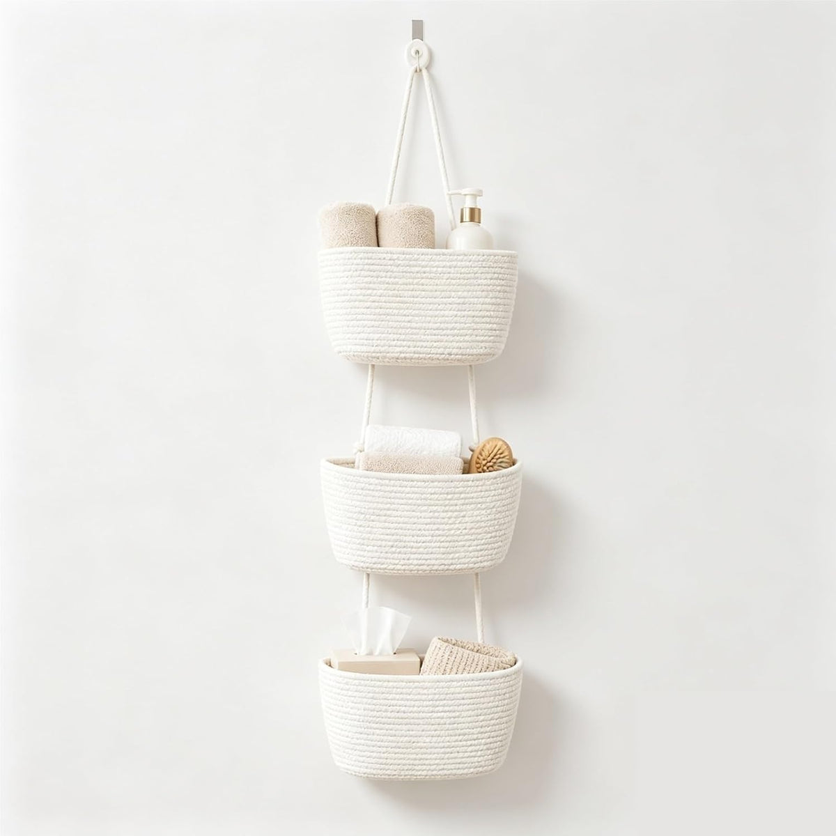 Over the Door Hanging Basket, 3-Tier Woven Cotton Storage Organizer Bag