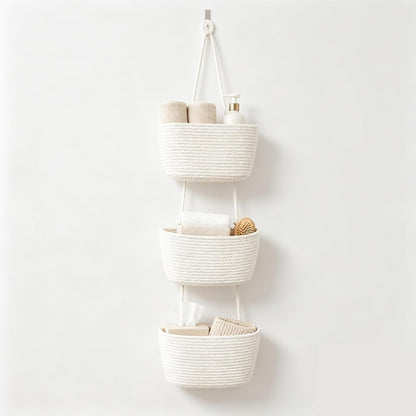 Over the Door Hanging Basket, 3-Tier Woven Cotton Storage Organizer Bag