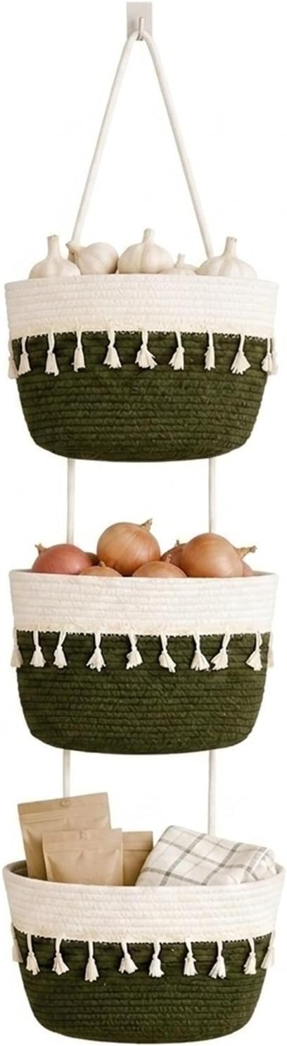 Over the Door Hanging Basket, 3-Tier Woven Cotton Storage Organizer Bag