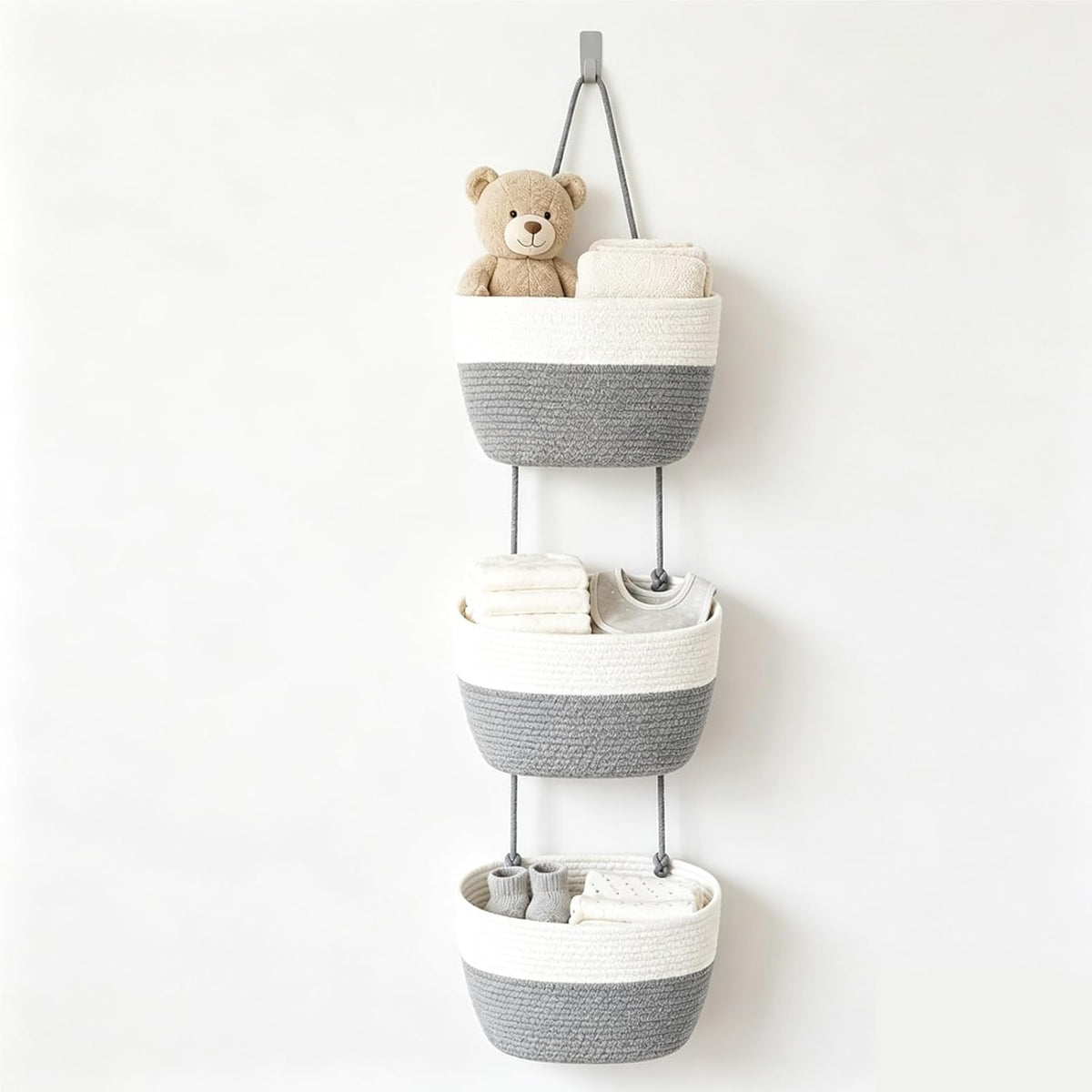 Over the Door Hanging Basket, 3-Tier Woven Cotton Storage Organizer Bag