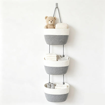 Over the Door Hanging Basket, 3-Tier Woven Cotton Storage Organizer Bag