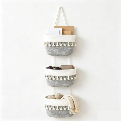 Over the Door Hanging Basket, 3-Tier Woven Cotton Storage Organizer Bag