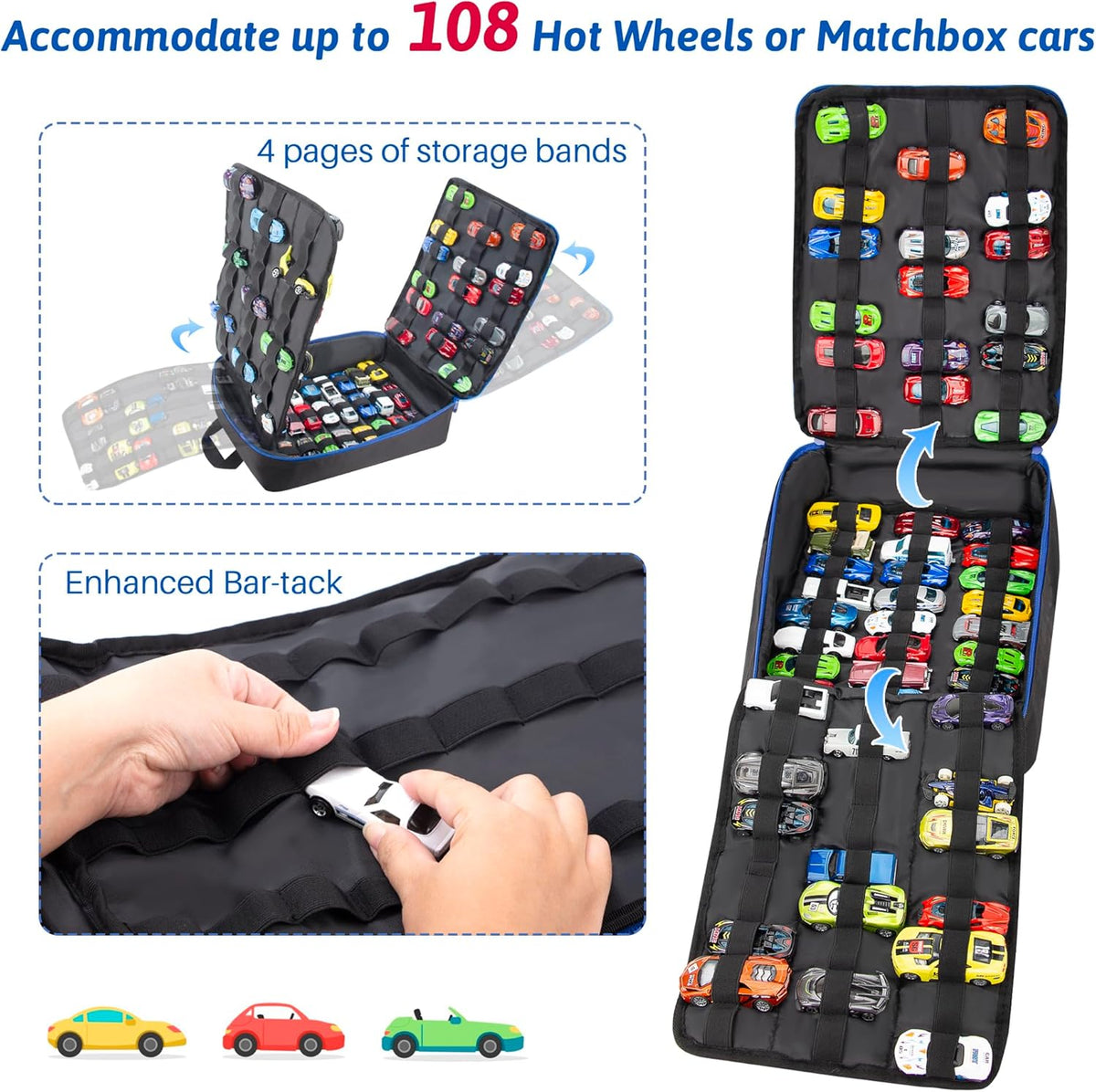 Toy Car Storage Backpack, Diecast Organizer 108 Slots (Black)