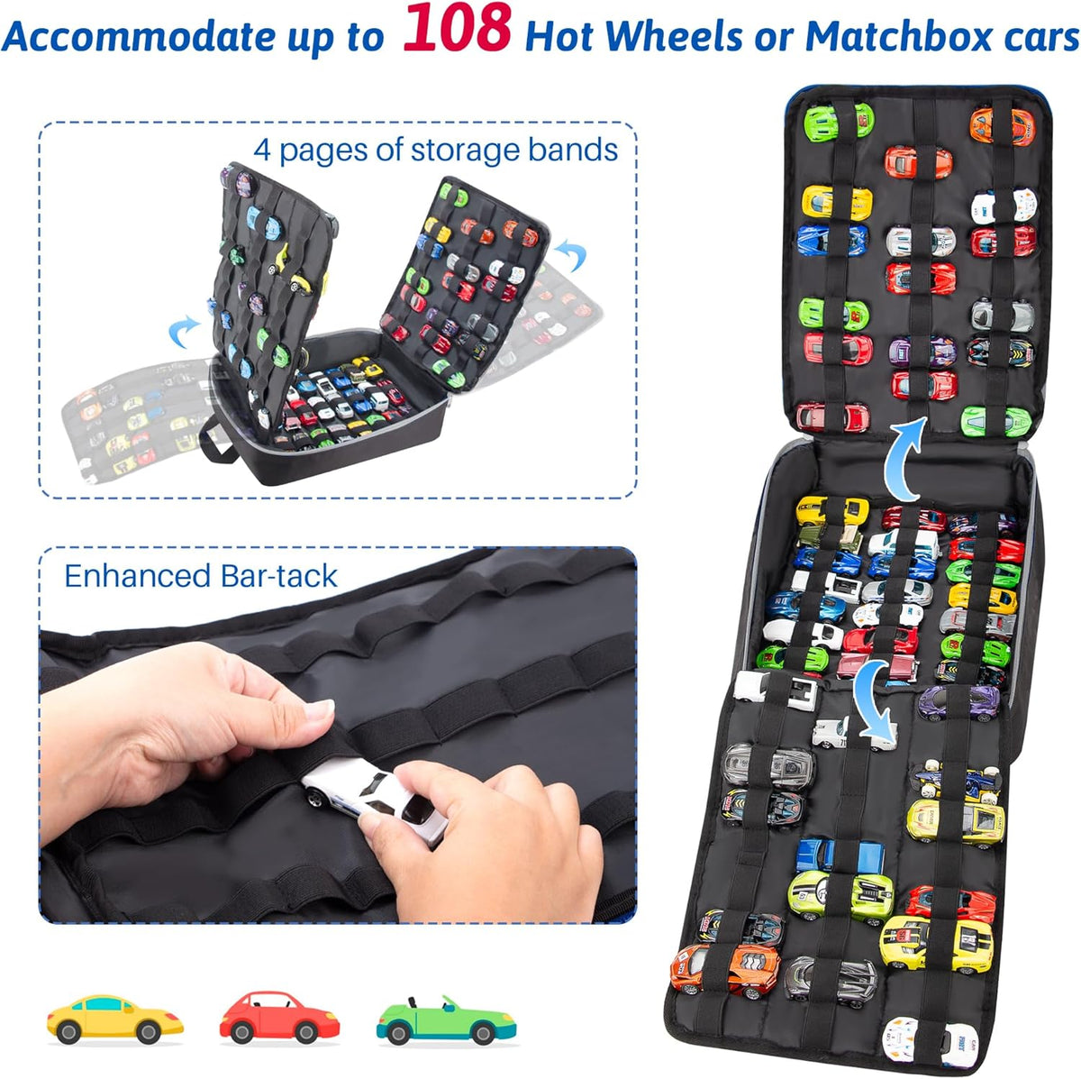 Toy Car Storage Backpack, Diecast Organizer 108 Slots (Black)