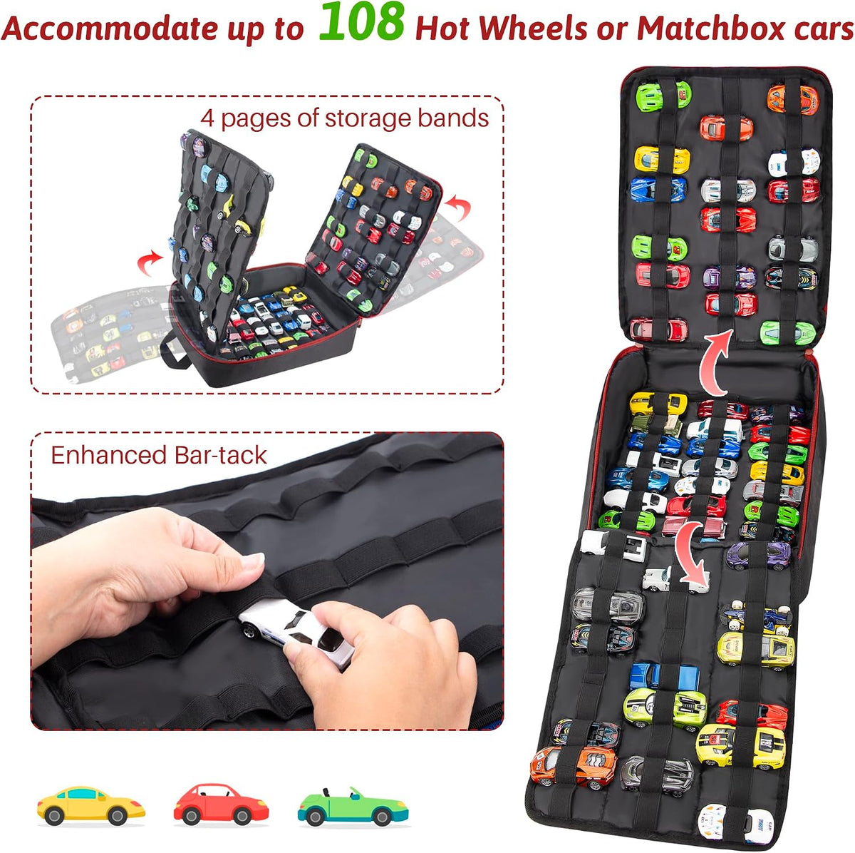 Toy Car Storage Backpack, Diecast Organizer 108 Slots (Black)
