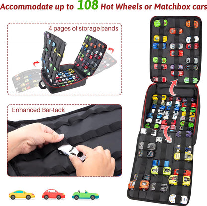 Toy Car Storage Backpack, Diecast Organizer 108 Slots (Black)