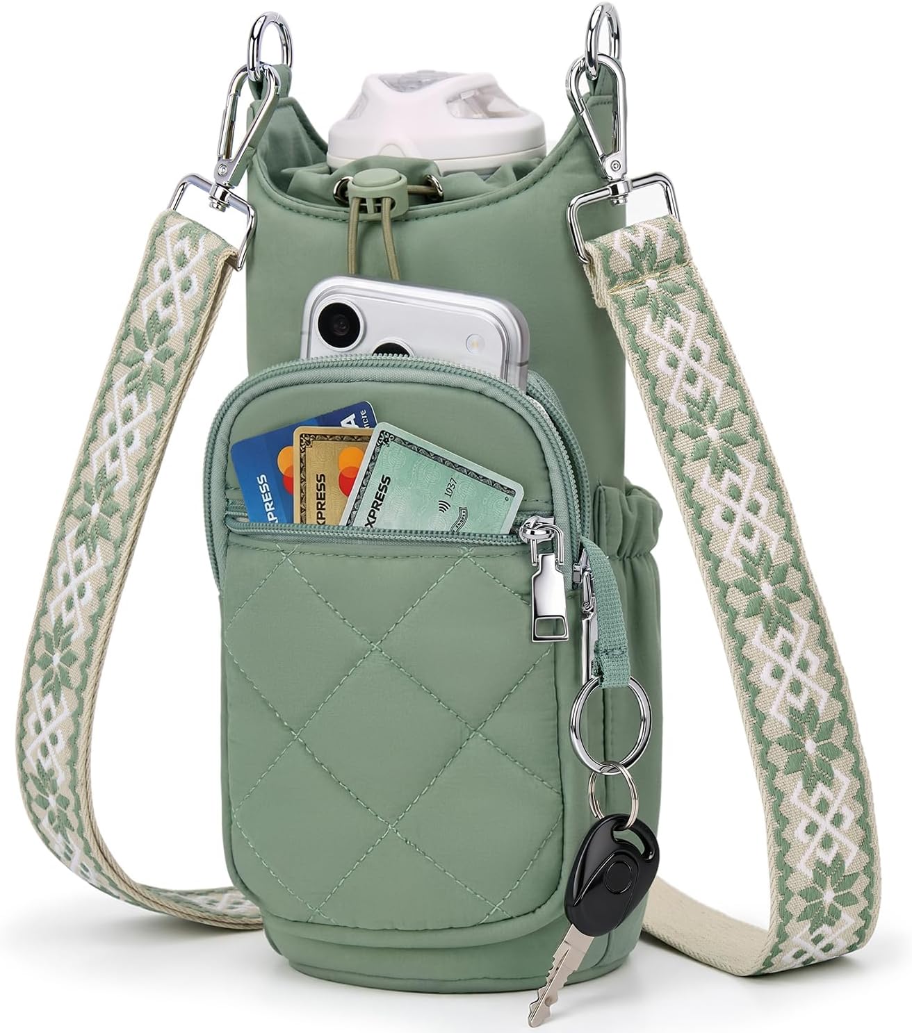 Crossbody Water Bottle Bag for Women,Lightweiht & Hands-Free Blue | Fits 16-40oz Bottles with Phone Pocket(6.9"), 5 RFID Slots,Insulated & Waterproof Nylon, Hands-free Travel & Outdoor