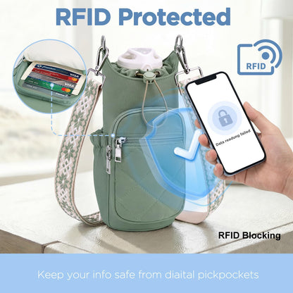 Crossbody Water Bottle Bag for Women,Lightweiht & Hands-Free Blue | Fits 16-40oz Bottles with Phone Pocket(6.9"), 5 RFID Slots,Insulated & Waterproof Nylon, Hands-free Travel & Outdoor