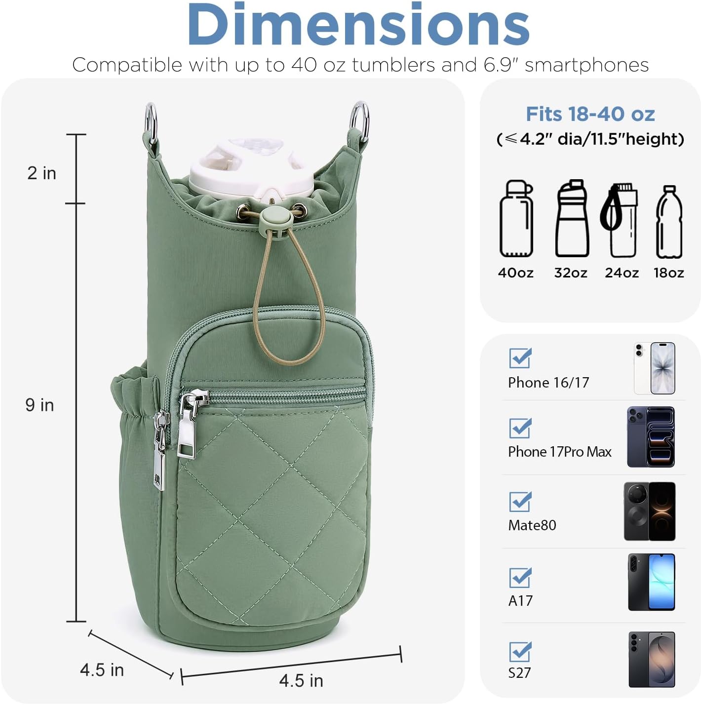 Crossbody Water Bottle Bag for Women,Lightweiht & Hands-Free Blue | Fits 16-40oz Bottles with Phone Pocket(6.9"), 5 RFID Slots,Insulated & Waterproof Nylon, Hands-free Travel & Outdoor