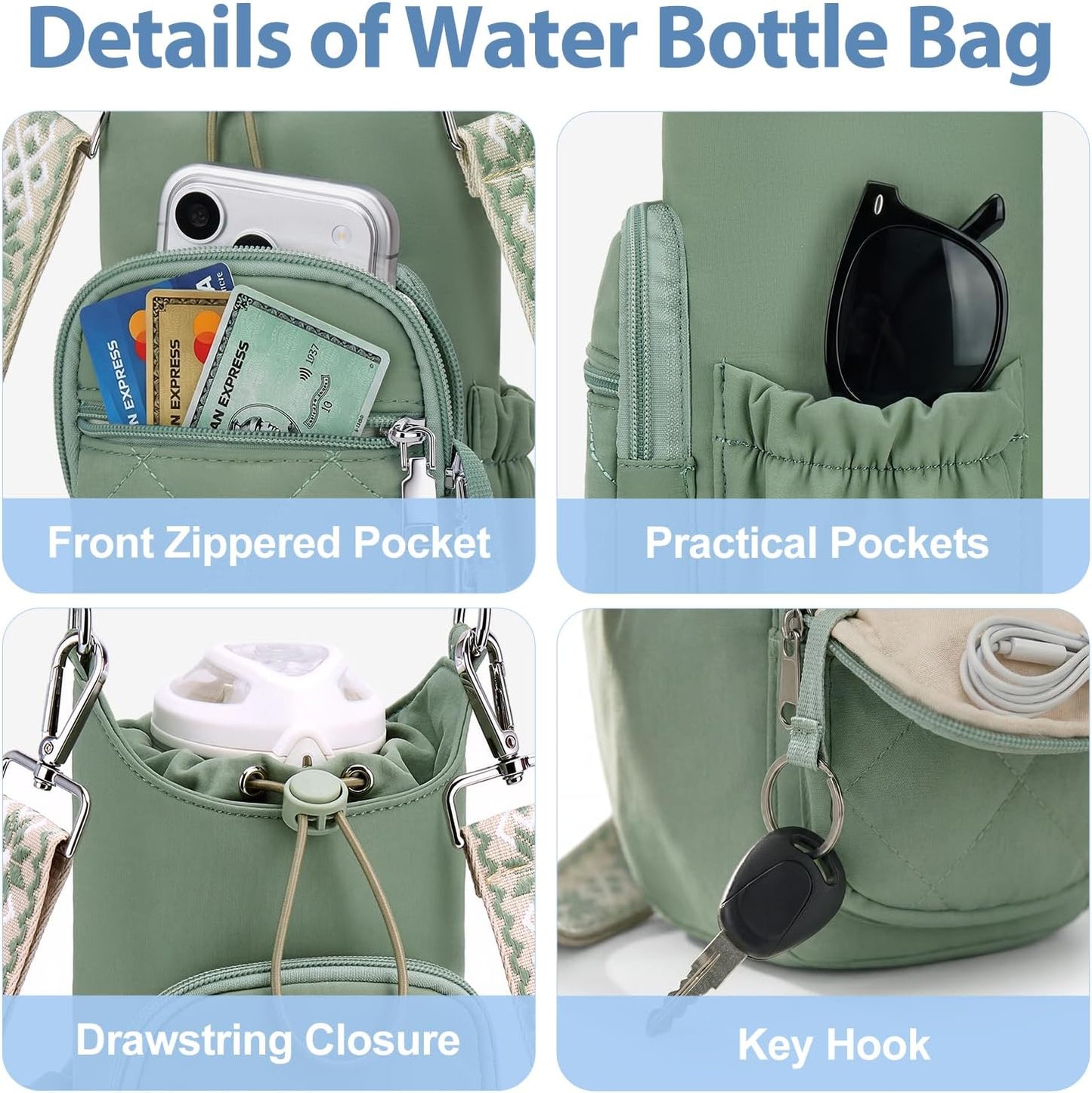 Crossbody Water Bottle Bag for Women,Lightweiht & Hands-Free Blue | Fits 16-40oz Bottles with Phone Pocket(6.9"), 5 RFID Slots,Insulated & Waterproof Nylon, Hands-free Travel & Outdoor