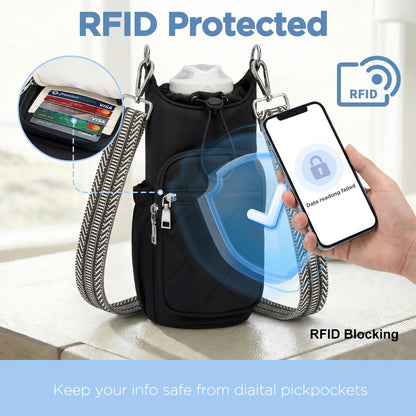 Crossbody Water Bottle Bag for Women,Lightweiht & Hands-Free Blue | Fits 16-40oz Bottles with Phone Pocket(6.9"), 5 RFID Slots,Insulated & Waterproof Nylon, Hands-free Travel & Outdoor