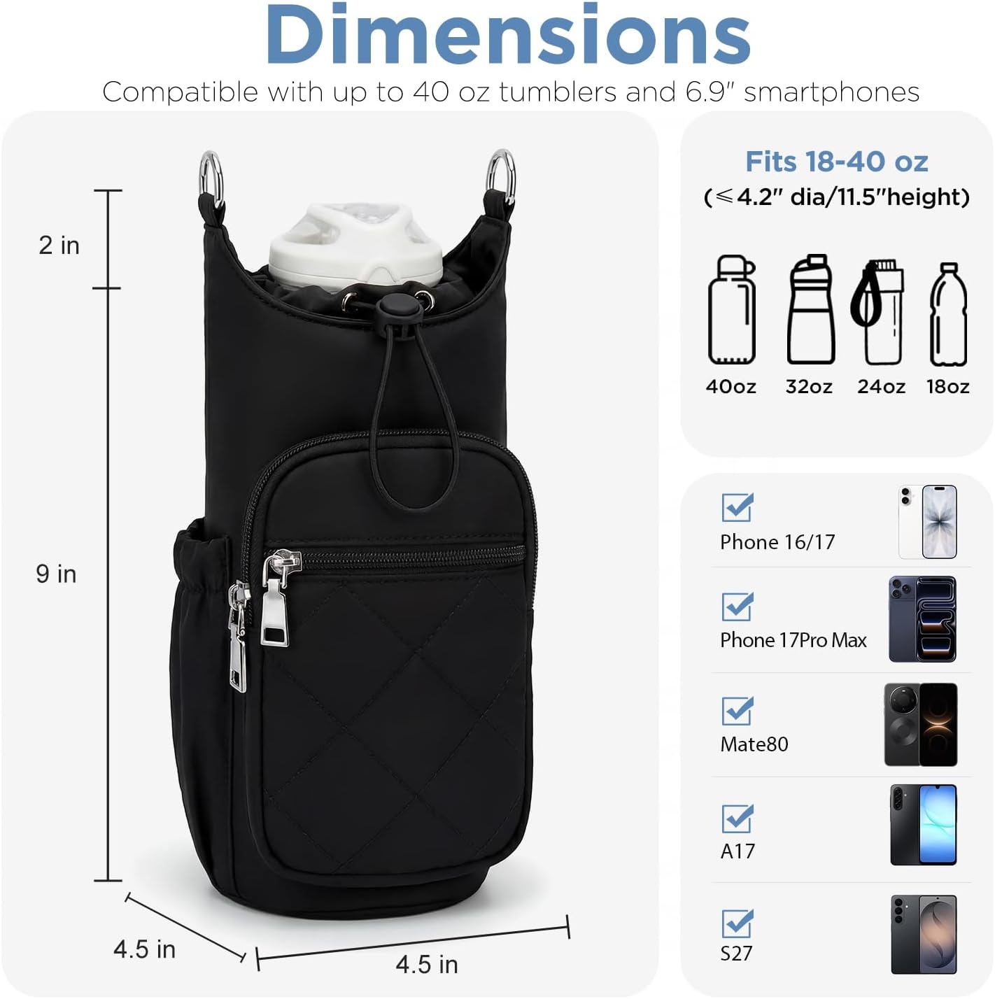 Crossbody Water Bottle Bag for Women,Lightweiht & Hands-Free Blue | Fits 16-40oz Bottles with Phone Pocket(6.9"), 5 RFID Slots,Insulated & Waterproof Nylon, Hands-free Travel & Outdoor