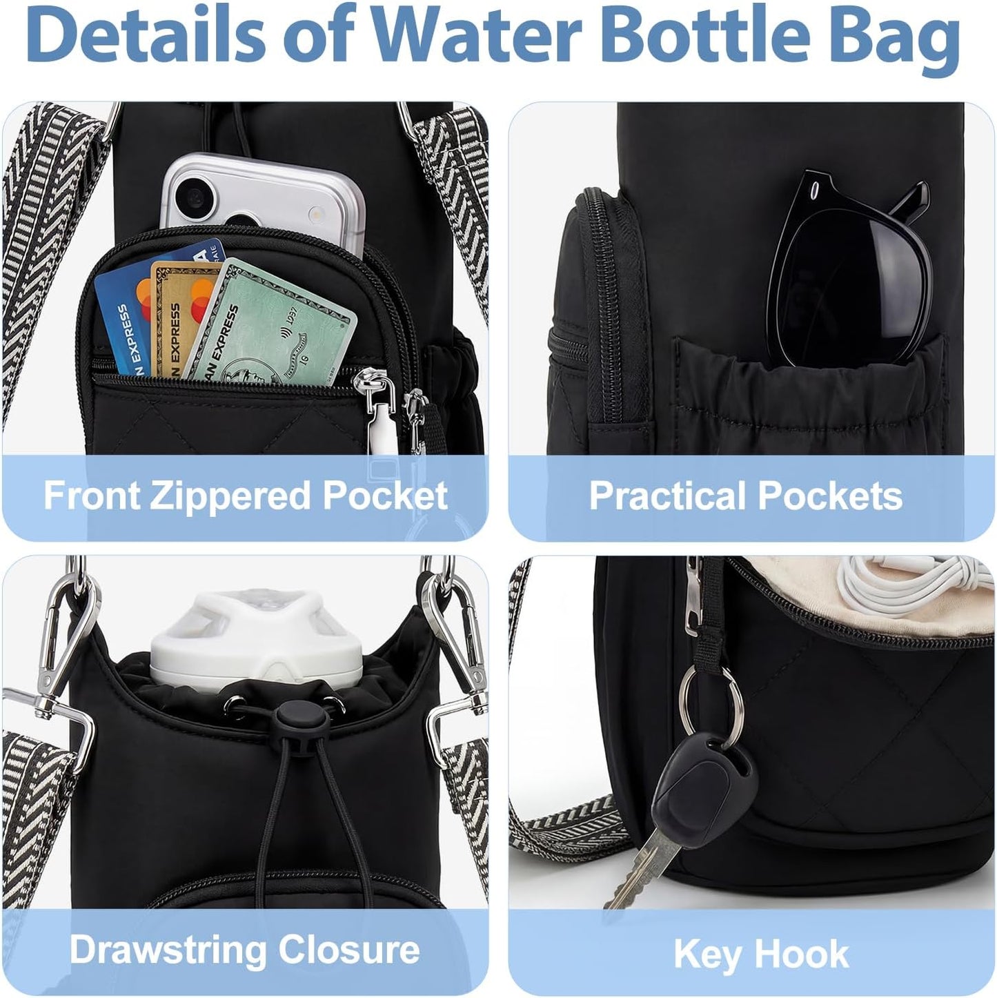 Crossbody Water Bottle Bag for Women,Lightweiht & Hands-Free Blue | Fits 16-40oz Bottles with Phone Pocket(6.9"), 5 RFID Slots,Insulated & Waterproof Nylon, Hands-free Travel & Outdoor