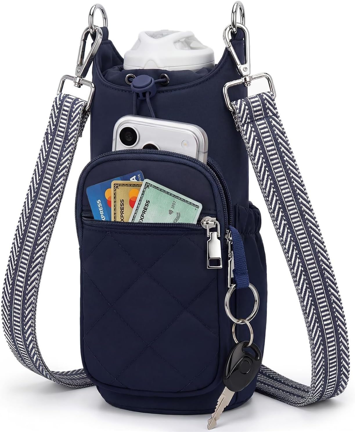 Crossbody Water Bottle Bag for Women,Lightweiht & Hands-Free Blue | Fits 16-40oz Bottles with Phone Pocket(6.9"), 5 RFID Slots,Insulated & Waterproof Nylon, Hands-free Travel & Outdoor