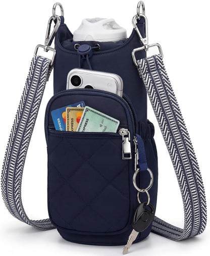 Crossbody Water Bottle Bag for Women,Lightweiht & Hands-Free Blue | Fits 16-40oz Bottles with Phone Pocket(6.9"), 5 RFID Slots,Insulated & Waterproof Nylon, Hands-free Travel & Outdoor