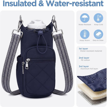 Crossbody Water Bottle Bag for Women,Lightweiht & Hands-Free Blue | Fits 16-40oz Bottles with Phone Pocket(6.9"), 5 RFID Slots,Insulated & Waterproof Nylon, Hands-free Travel & Outdoor