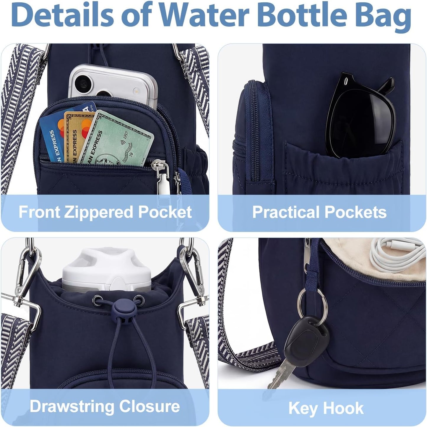 Crossbody Water Bottle Bag for Women,Lightweiht & Hands-Free Blue | Fits 16-40oz Bottles with Phone Pocket(6.9"), 5 RFID Slots,Insulated & Waterproof Nylon, Hands-free Travel & Outdoor