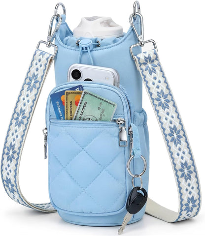 Crossbody Water Bottle Bag for Women,Lightweiht & Hands-Free Blue | Fits 16-40oz Bottles with Phone Pocket(6.9"), 5 RFID Slots,Insulated & Waterproof Nylon, Hands-free Travel & Outdoor