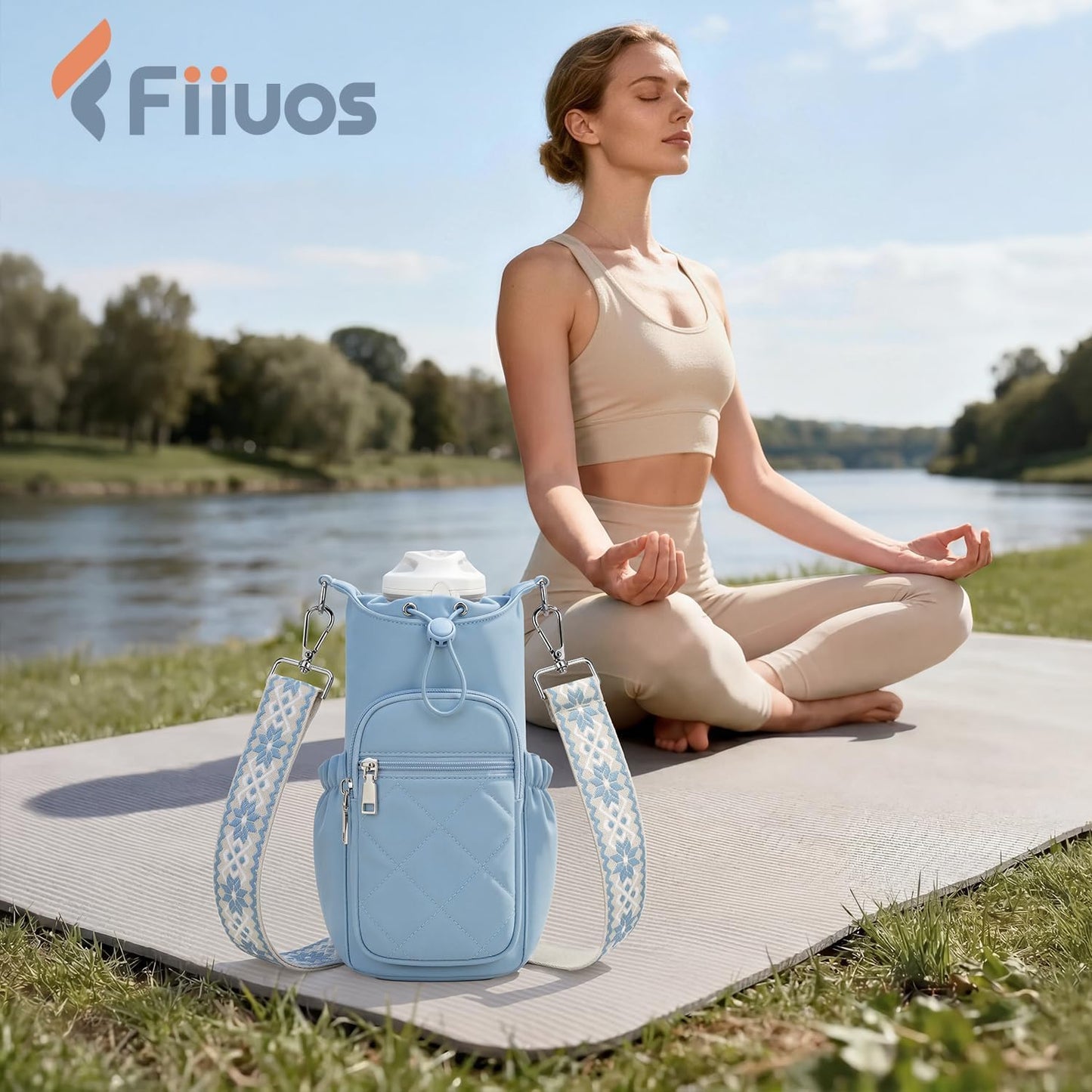 Crossbody Water Bottle Bag for Women,Lightweiht & Hands-Free Blue | Fits 16-40oz Bottles with Phone Pocket(6.9"), 5 RFID Slots,Insulated & Waterproof Nylon, Hands-free Travel & Outdoor