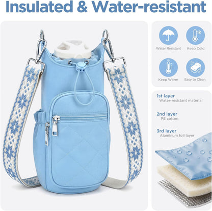 Crossbody Water Bottle Bag for Women,Lightweiht & Hands-Free Blue | Fits 16-40oz Bottles with Phone Pocket(6.9"), 5 RFID Slots,Insulated & Waterproof Nylon, Hands-free Travel & Outdoor