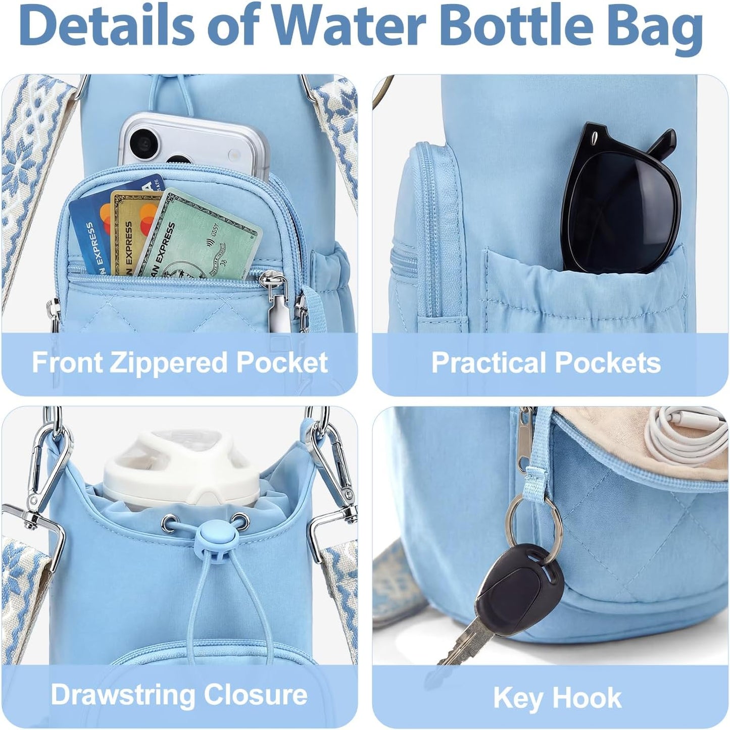 Crossbody Water Bottle Bag for Women,Lightweiht & Hands-Free Blue | Fits 16-40oz Bottles with Phone Pocket(6.9"), 5 RFID Slots,Insulated & Waterproof Nylon, Hands-free Travel & Outdoor