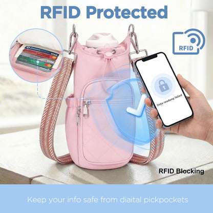 Crossbody Water Bottle Bag for Women,Lightweiht & Hands-Free Blue | Fits 16-40oz Bottles with Phone Pocket(6.9"), 5 RFID Slots,Insulated & Waterproof Nylon, Hands-free Travel & Outdoor