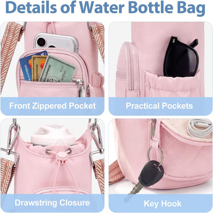 Crossbody Water Bottle Bag for Women,Lightweiht & Hands-Free Blue | Fits 16-40oz Bottles with Phone Pocket(6.9"), 5 RFID Slots,Insulated & Waterproof Nylon, Hands-free Travel & Outdoor