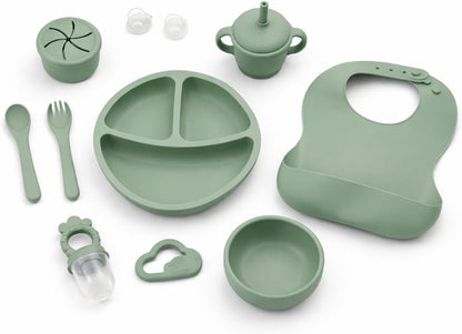 KiddoFun 9-Piece Silicone Baby Feeding Set – Divided Plate, Bib, Sippy Cup, Snack Cup, Bowl, Spoon & Fork – BPA-Free, Dishwasher & Microwave Safe, Baby-Led Weaning Essentials