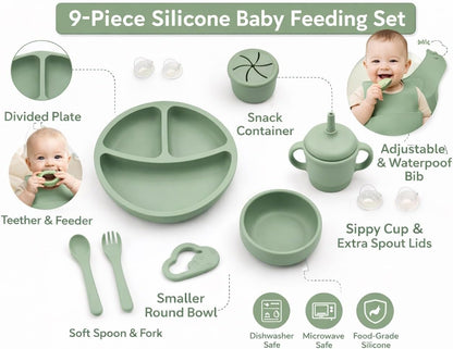 KiddoFun 9-Piece Silicone Baby Feeding Set – Divided Plate, Bib, Sippy Cup, Snack Cup, Bowl, Spoon & Fork – BPA-Free, Dishwasher & Microwave Safe, Baby-Led Weaning Essentials