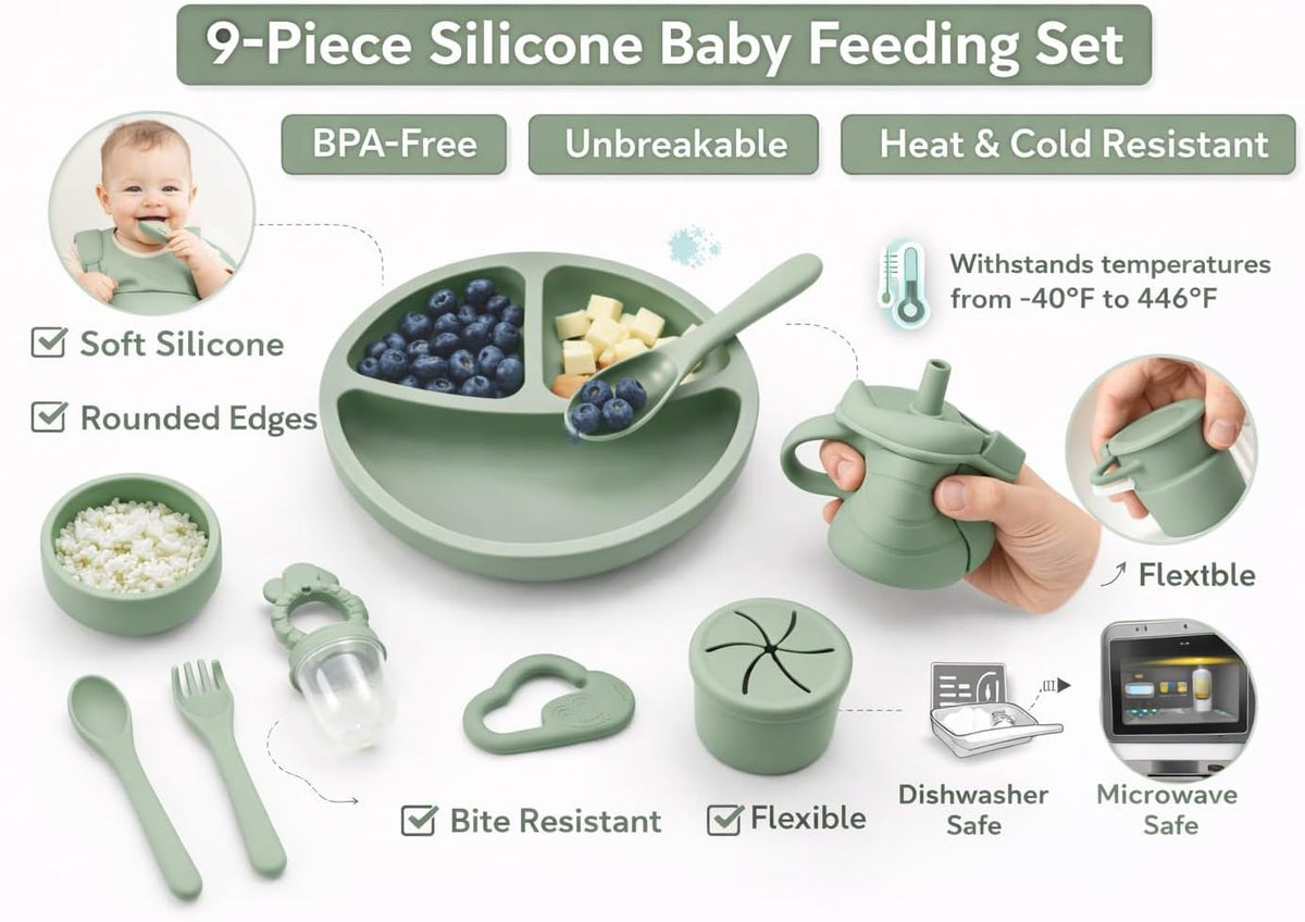KiddoFun 9-Piece Silicone Baby Feeding Set – Divided Plate, Bib, Sippy Cup, Snack Cup, Bowl, Spoon & Fork – BPA-Free, Dishwasher & Microwave Safe, Baby-Led Weaning Essentials