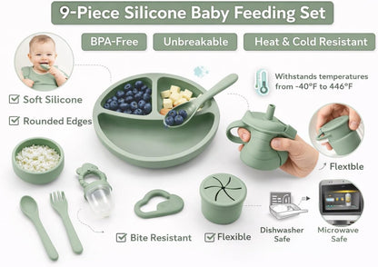KiddoFun 9-Piece Silicone Baby Feeding Set – Divided Plate, Bib, Sippy Cup, Snack Cup, Bowl, Spoon & Fork – BPA-Free, Dishwasher & Microwave Safe, Baby-Led Weaning Essentials
