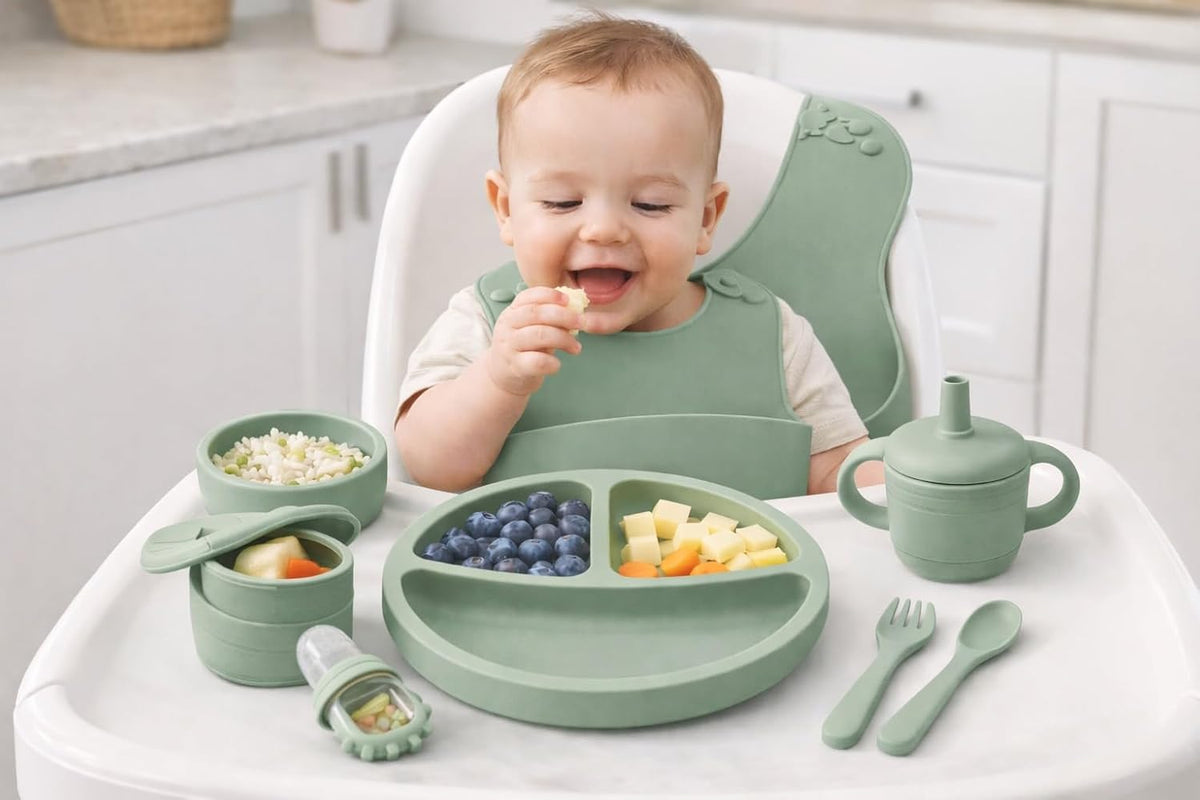 KiddoFun 9-Piece Silicone Baby Feeding Set – Divided Plate, Bib, Sippy Cup, Snack Cup, Bowl, Spoon & Fork – BPA-Free, Dishwasher & Microwave Safe, Baby-Led Weaning Essentials