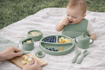 KiddoFun 9-Piece Silicone Baby Feeding Set – Divided Plate, Bib, Sippy Cup, Snack Cup, Bowl, Spoon & Fork – BPA-Free, Dishwasher & Microwave Safe, Baby-Led Weaning Essentials