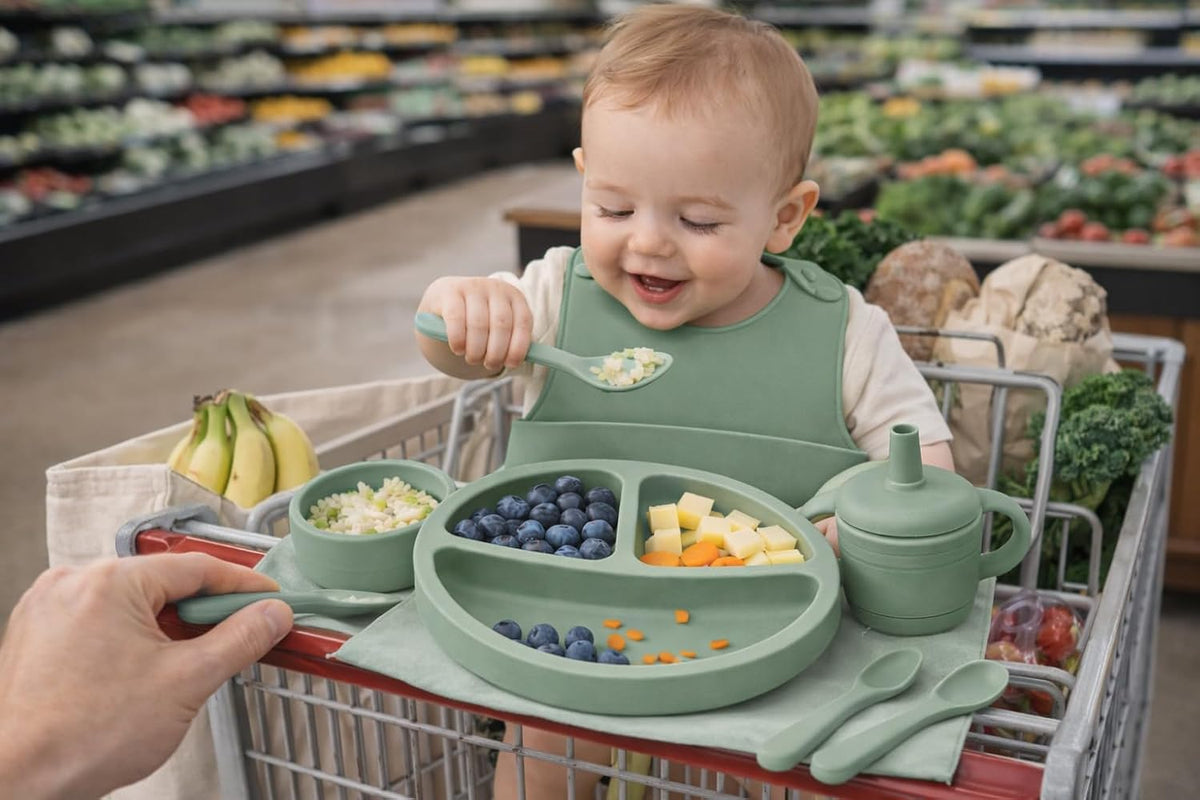KiddoFun 9-Piece Silicone Baby Feeding Set – Divided Plate, Bib, Sippy Cup, Snack Cup, Bowl, Spoon & Fork – BPA-Free, Dishwasher & Microwave Safe, Baby-Led Weaning Essentials