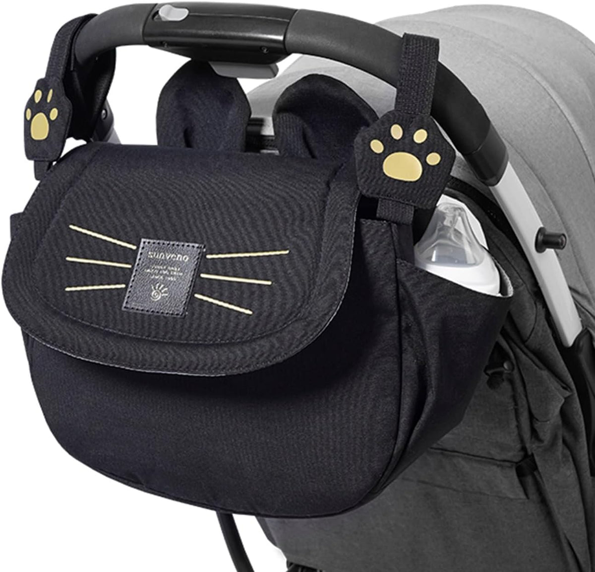 Universal Stroller Organizer Bag with 2 Cup Holders, Cute Kitty Baby Stroller Caddy, Waterproof Storage Organizer with Adjustable Straps, Fits Most Strollers, Prams & Pushchairs