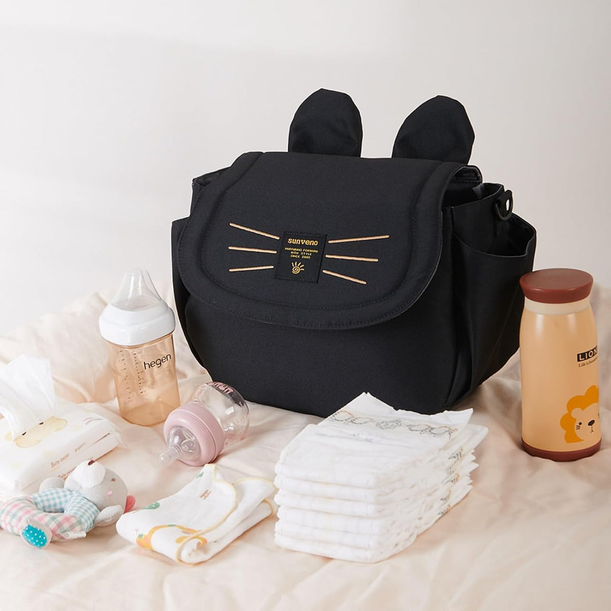 Universal Stroller Organizer Bag with 2 Cup Holders, Cute Kitty Baby Stroller Caddy, Waterproof Storage Organizer with Adjustable Straps, Fits Most Strollers, Prams & Pushchairs