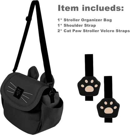 Universal Stroller Organizer Bag with 2 Cup Holders, Cute Kitty Baby Stroller Caddy, Waterproof Storage Organizer with Adjustable Straps, Fits Most Strollers, Prams & Pushchairs