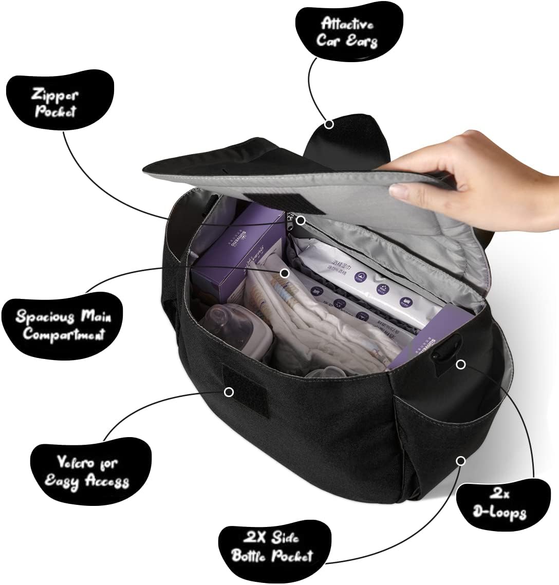 Universal Stroller Organizer Bag with 2 Cup Holders, Cute Kitty Baby Stroller Caddy, Waterproof Storage Organizer with Adjustable Straps, Fits Most Strollers, Prams & Pushchairs
