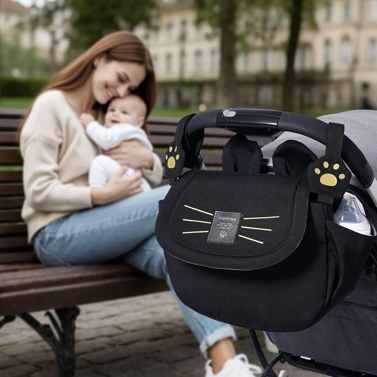 Universal Stroller Organizer Bag with 2 Cup Holders, Cute Kitty Baby Stroller Caddy, Waterproof Storage Organizer with Adjustable Straps, Fits Most Strollers, Prams & Pushchairs