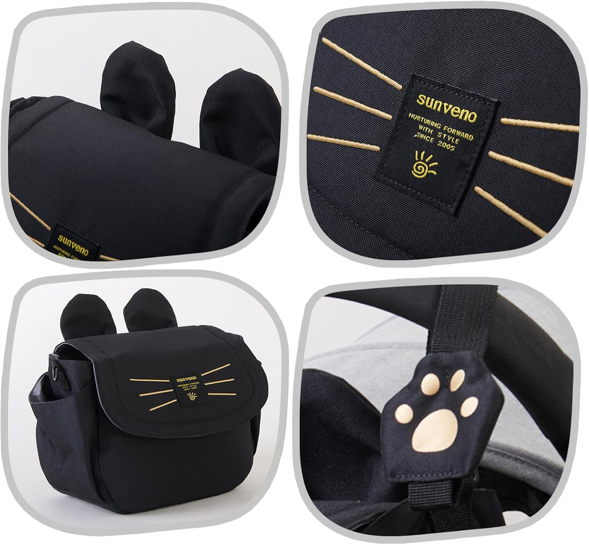 Universal Stroller Organizer Bag with 2 Cup Holders, Cute Kitty Baby Stroller Caddy, Waterproof Storage Organizer with Adjustable Straps, Fits Most Strollers, Prams & Pushchairs
