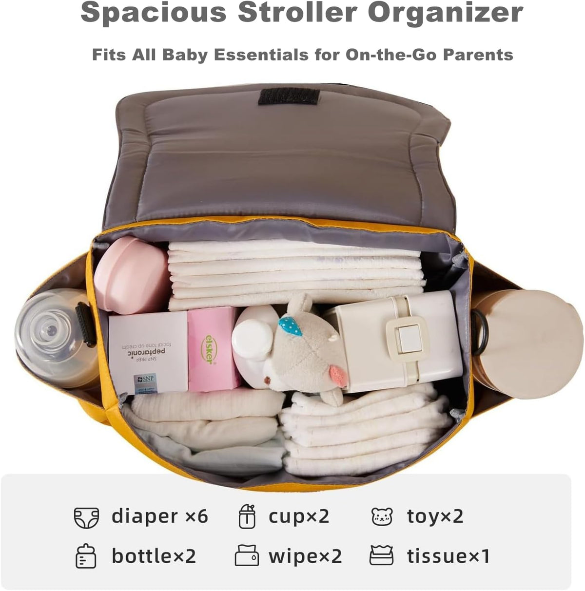 Universal Stroller Organizer Bag with 2 Cup Holders, Cute Kitty Baby Stroller Caddy, Waterproof Storage Organizer with Adjustable Straps, Fits Most Strollers, Prams & Pushchairs