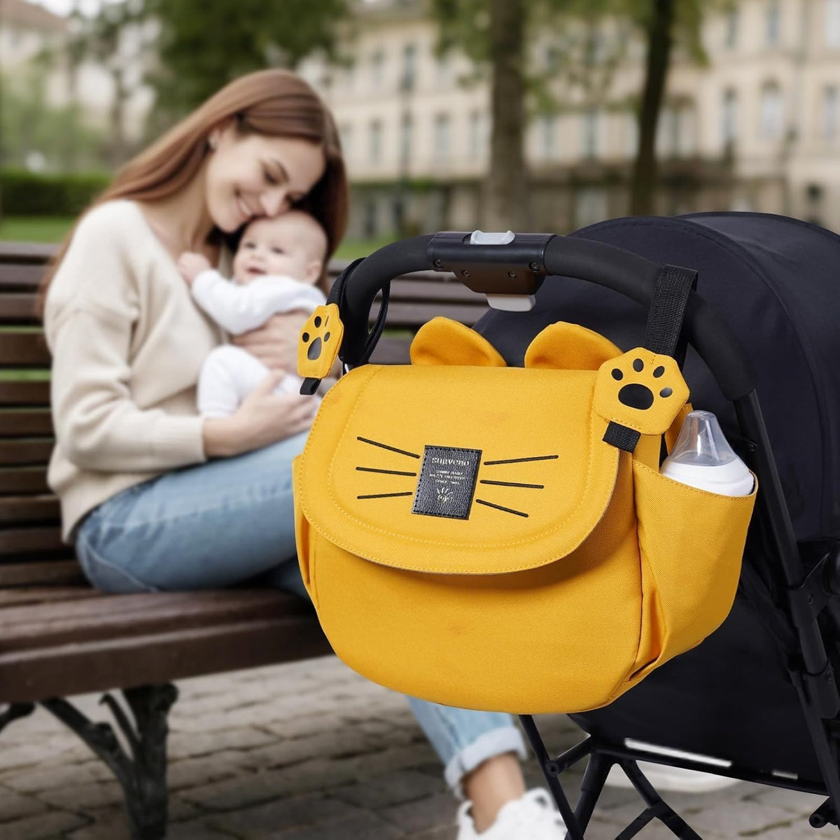 Universal Stroller Organizer Bag with 2 Cup Holders, Cute Kitty Baby Stroller Caddy, Waterproof Storage Organizer with Adjustable Straps, Fits Most Strollers, Prams & Pushchairs