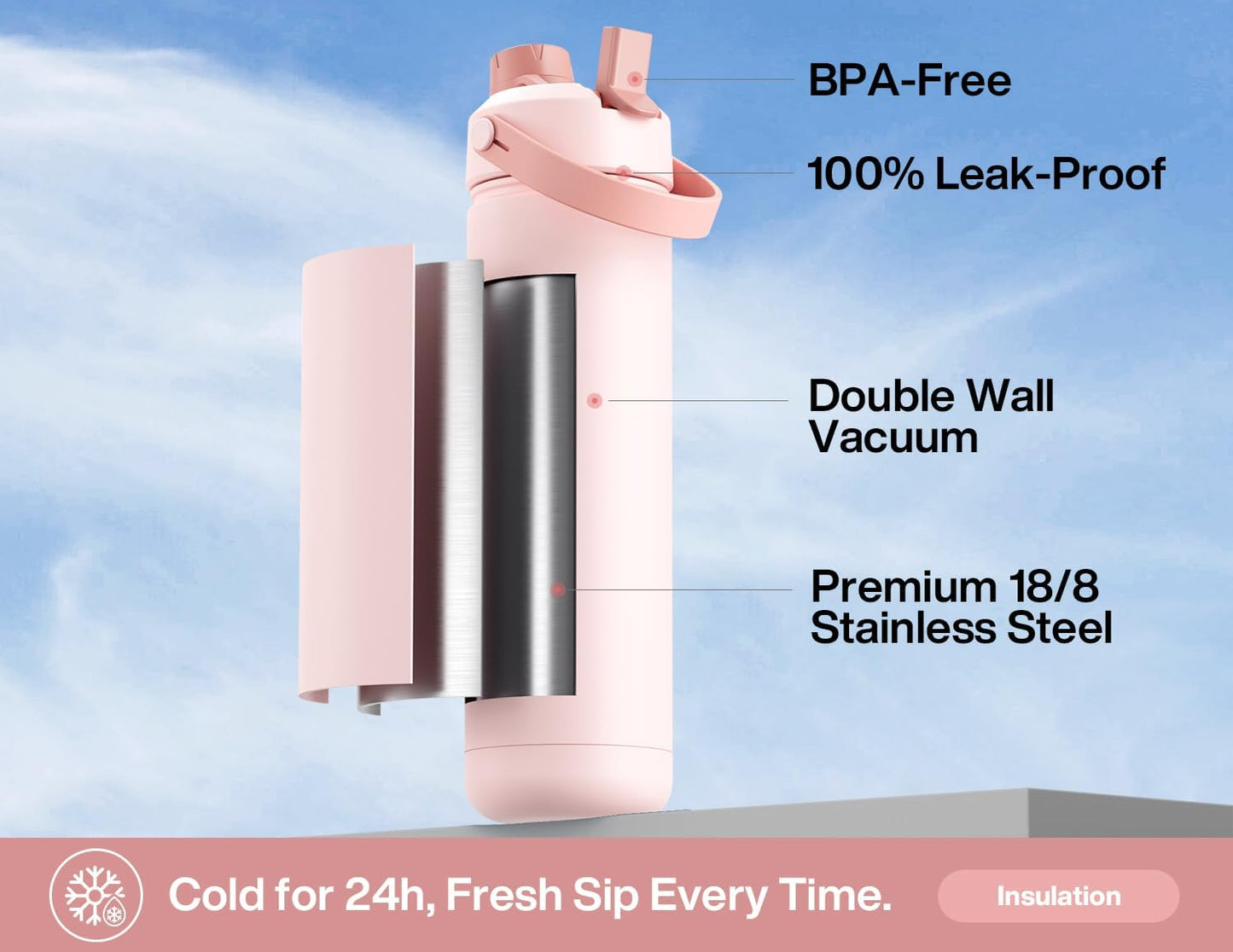 26 oz Insulated Water Bottle with 2-in-1 Straw and Spout Lid, Keep Cold 24H, Leak-Proof, Fits in Car Cup Holder, Stainless Steel Water Bottle for Sports, Gym, Travel, and School (Mousse) - Colors A