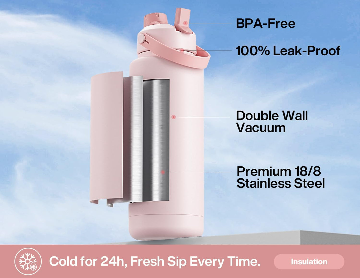 26 oz Insulated Water Bottle with 2-in-1 Straw and Spout Lid, Keep Cold 24H, Leak-Proof, Fits in Car Cup Holder, Stainless Steel Water Bottle for Sports, Gym, Travel, and School (Mousse) - Colors A