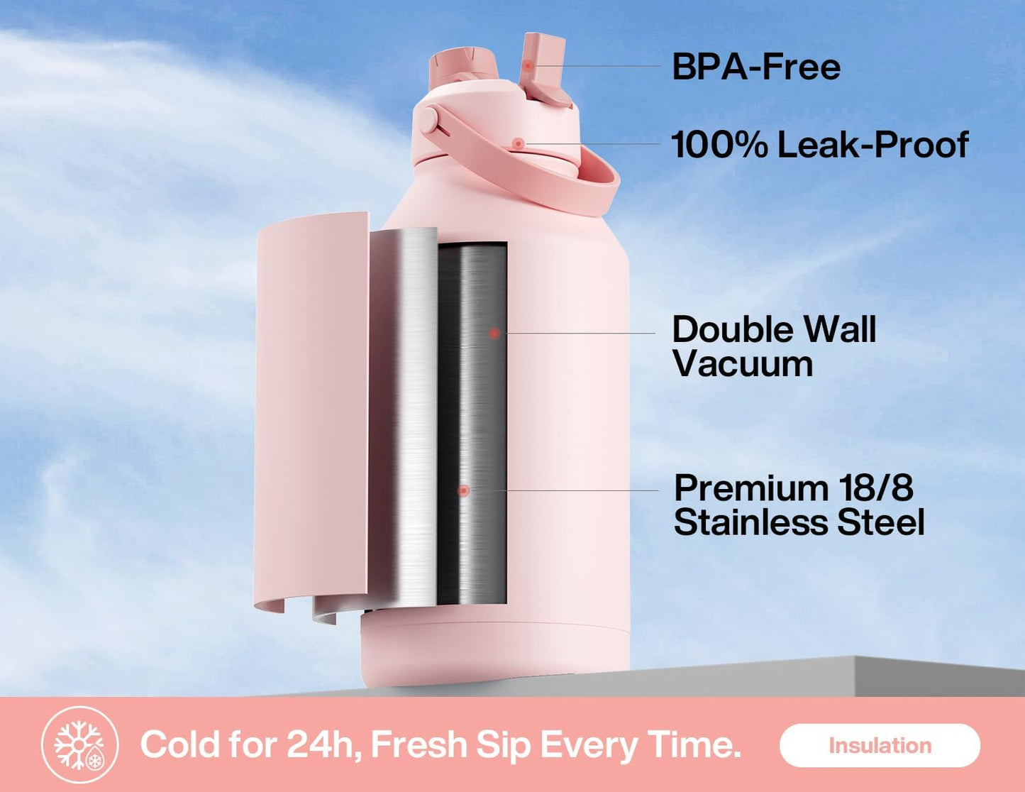 26 oz Insulated Water Bottle with 2-in-1 Straw and Spout Lid, Keep Cold 24H, Leak-Proof, Fits in Car Cup Holder, Stainless Steel Water Bottle for Sports, Gym, Travel, and School (Mousse) - Colors A